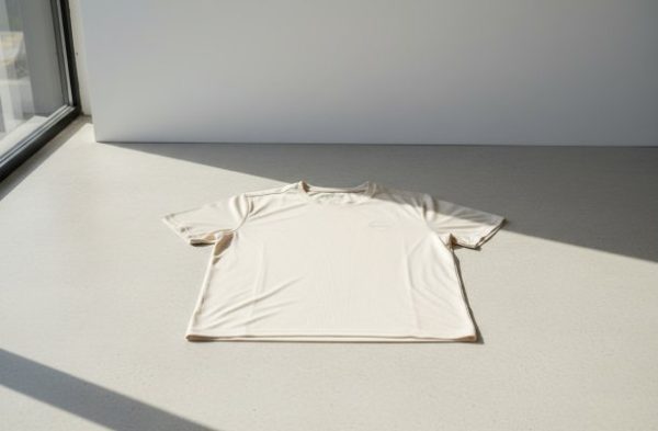 Cream T-shirt laid flat on a sunlit floor