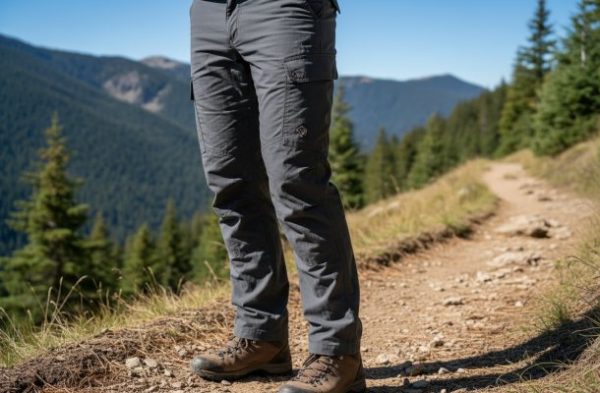 Hiker wearing grey Pass Traverse trail pants and boots on a mountain path