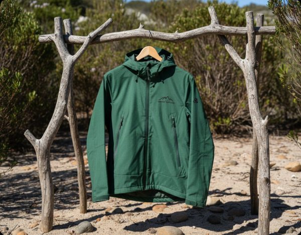 Green shell jacket hanging on a driftwood frame outdoors